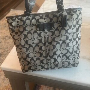 Coach Hamptons Small Shoulder Bag in Black Signature Jacquard Canvas and Leather